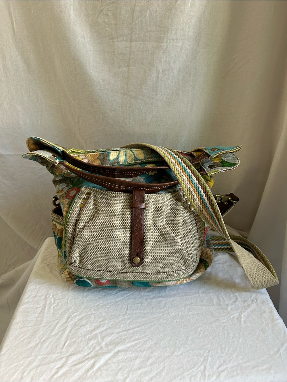 Fossil Floral Canvas & Leather Crossbody Bag Teal Brown Boho Stripe Strap Should